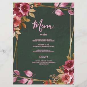 Gold Geometric Burgundy and Green Floral Wedding Menu