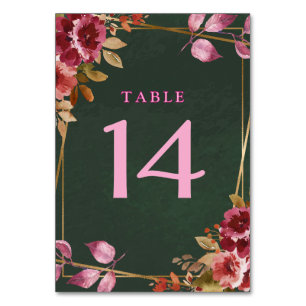 Gold Geometric Burgundy and Green Floral Wedding Table Number