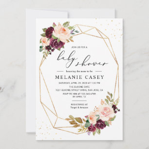 Gold Geometric Burgundy Blush Floral Baby Shower Invitation