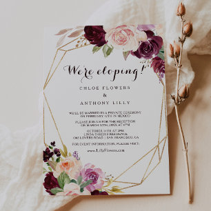 Gold Geometric Burgundy Floral Elopement Reception Invitation
