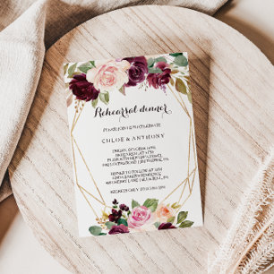 Gold Geometric Burgundy Floral Rehearsal Dinner Invitation
