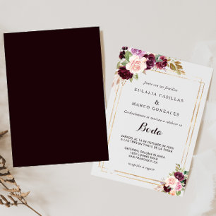 Gold Geometric Burgundy Floral Spanish Wedding Invitation