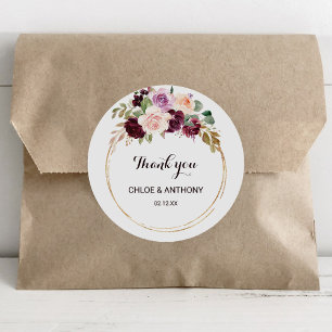 Gold Geometric Burgundy Floral Thank You Favour Classic Round Sticker