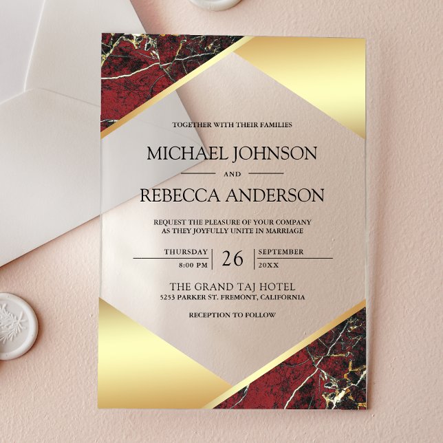 Gold Geometric Burgundy Marble Wedding Acrylic Invitations (Creator Uploaded)