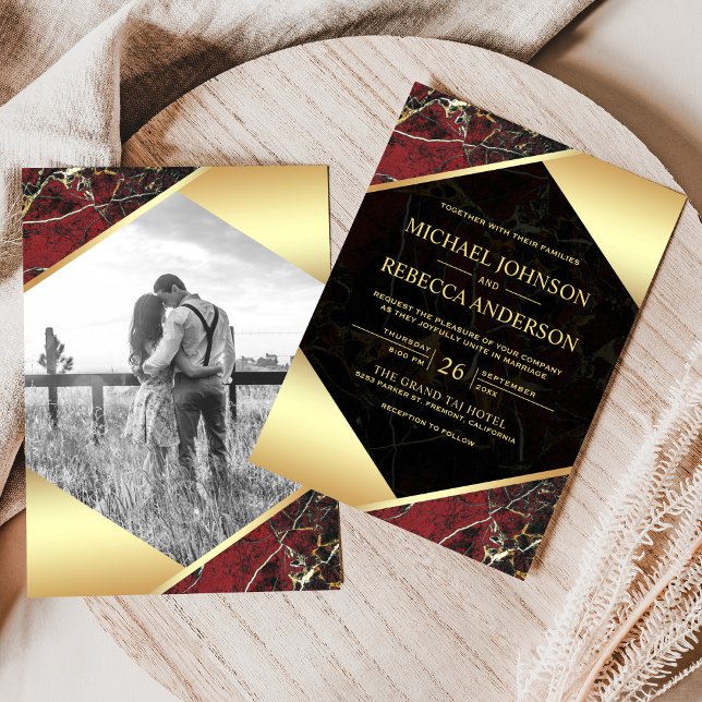 Gold Geometric Burgundy Red Marble Photo Wedding Invitation (Creator Uploaded)