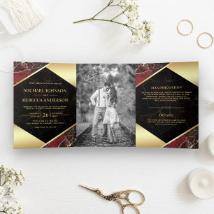 Gold Geometric Burgundy Red Marble Photo Wedding Tri-Fold Invitation