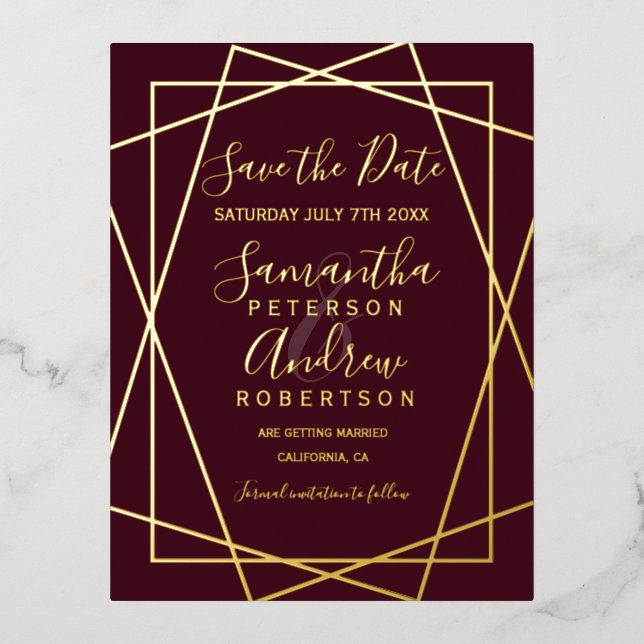 gold geometric burgundy script save the date foil invitation postcard (Front)