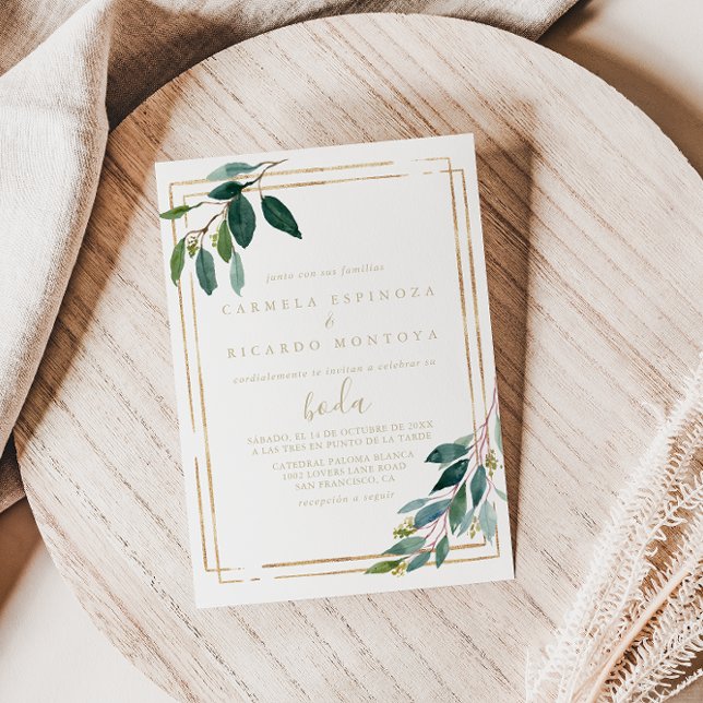 Gold Geometric Chic Eucalyptus Spanish Wedding  Invitation (Creator Uploaded)