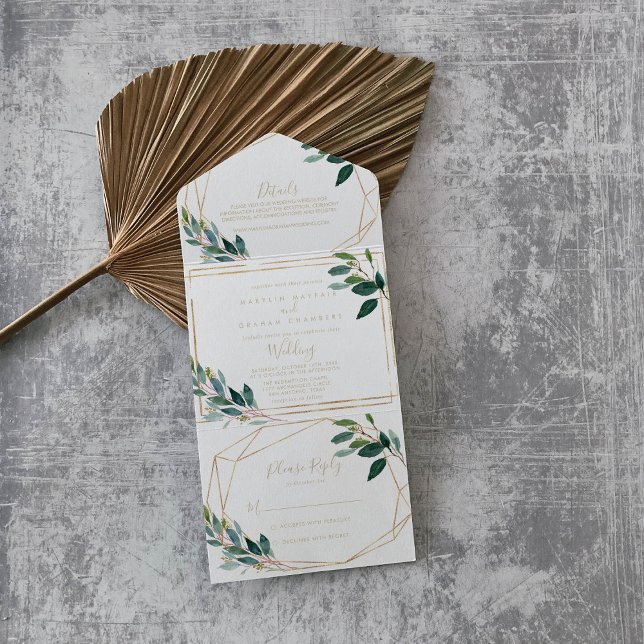 Gold Geometric Chic Eucalyptus Wedding    All In One Invitation (Creator Uploaded)