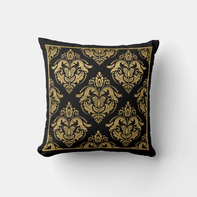 Gold Geometric Damask Frame On Black Cushion (Front)