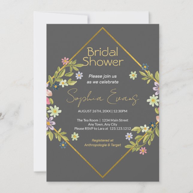 Gold Geometric Dark Grey Floral Bridal Shower Invitation (Front)