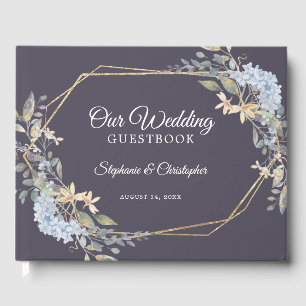 Gold Geometric Dusty Blue Florals Wedding Guest Book