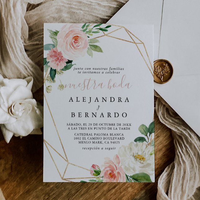 Gold Geometric Elegant Fall Flowers Nuestra Boda Invitation (Creator Uploaded)