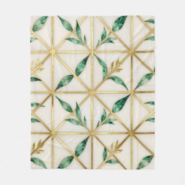 Gold Geometric Emerald Leaf Luxury Pattern Fleece Blanket (Front)