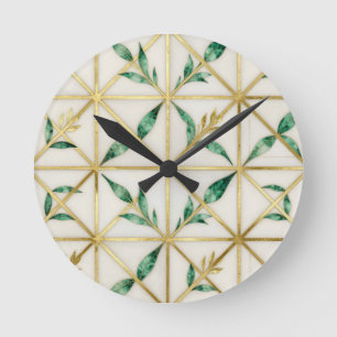 Gold Geometric Emerald Leaf Luxury Pattern Round Clock