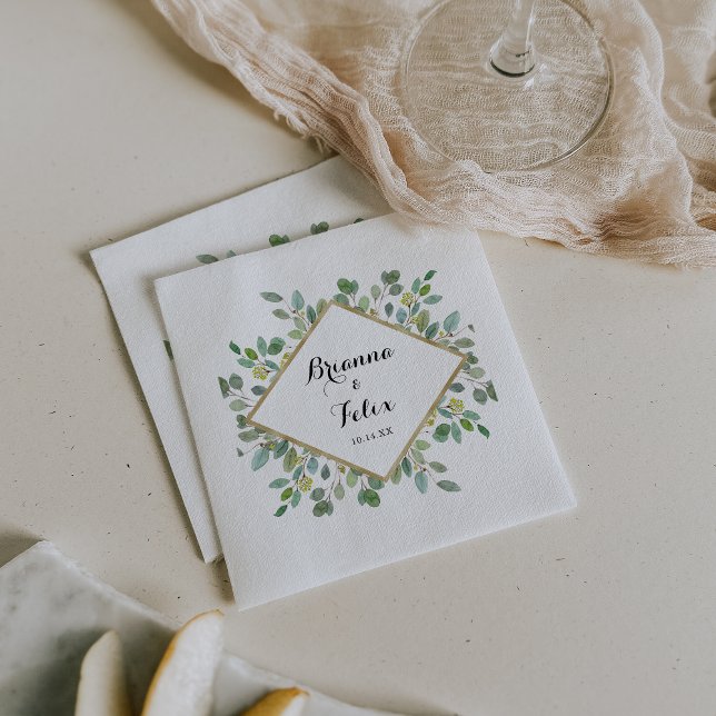 Gold Geometric Eucalyptus Calligraphy Wedding Napkin (Creator Uploaded)