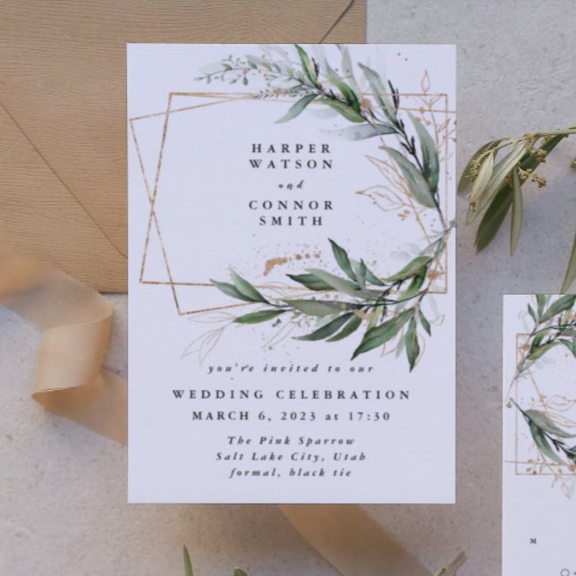 Gold Geometric Eucalyptus Elegant Greenery Moss Invitation (Creator Uploaded)