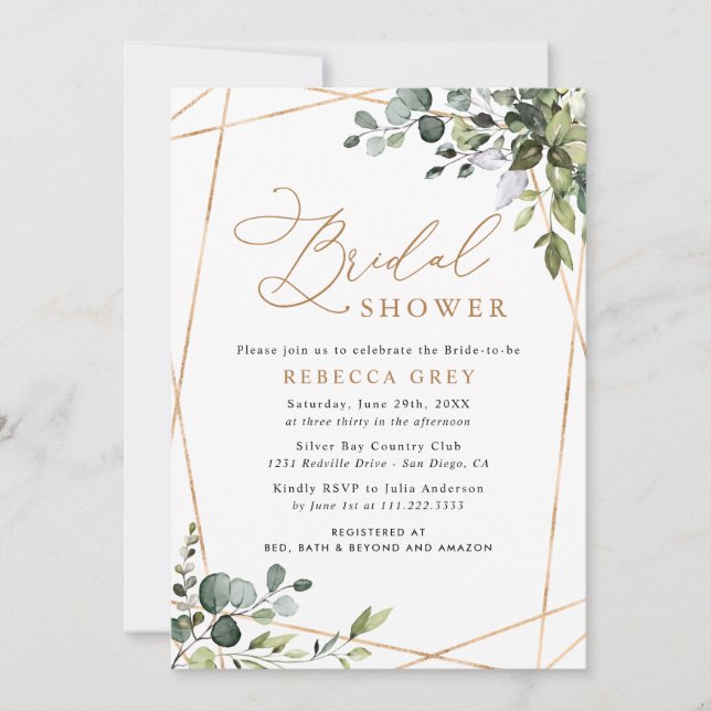 Gold Geometric Eucalyptus Greenery Bridal Shower Invitation (Front)