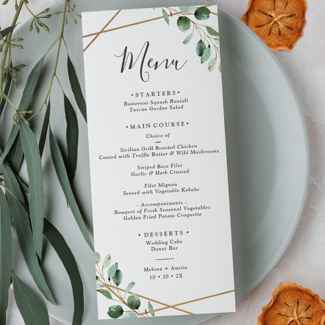 Gold Geometric Eucalyptus Greenery Wedding Menu (Creator Uploaded)