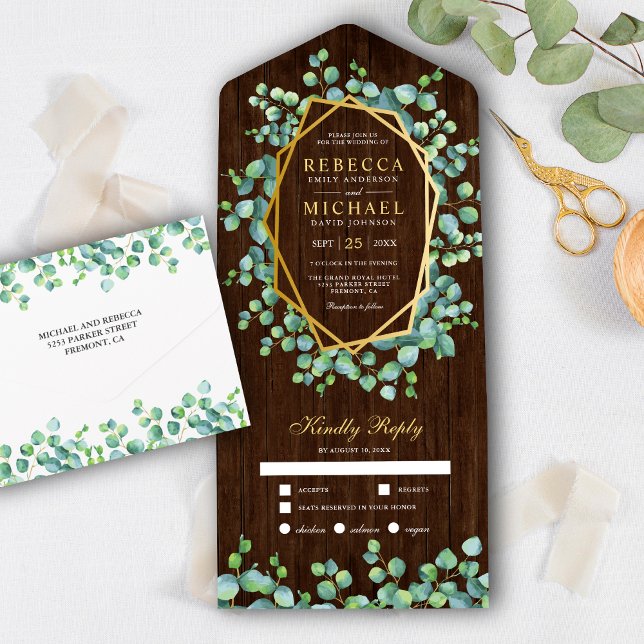 Gold Geometric Eucalyptus Leaves Wood Wedding All In One Invitation (Creator Uploaded)