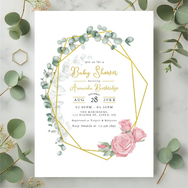 Gold Geometric Eucalyptus & Pink Roses Baby Shower Invitation (Gold Geometric Eucalyptus & Pink Roses Baby Shower Invitation)