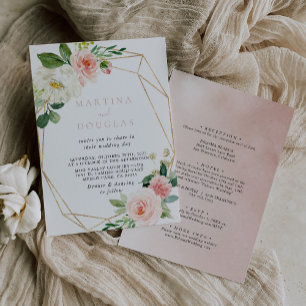 Gold Geometric Fall Flowers Back & Front Wedding   Invitation