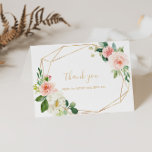 Gold Geometric Floral Bridal Shower Thank You Card<br><div class="desc">This gold geometric floral bridal shower thank you card is perfect for a modern bridal shower. The design features lovely white, pink, and blush hand-painted roses and a touch of greenery, adorning gold geometric frames, inspiring artistic beauty. These cards can be used for a wedding, bridal shower or any special...</div>