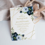 gold geometric floral navy blue wedding invitation<br><div class="desc">Geometric frame and watercolor flowers design with editable features such as the text,  colours,  wording,  paper type and paper size.</div>