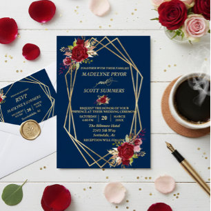 Gold Geometric Frame Burgundy Watercolor Flower 