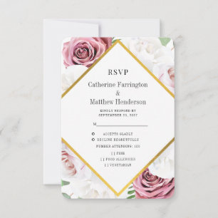 Gold Geometric Frame Pink Floral Wedding RSVP Card