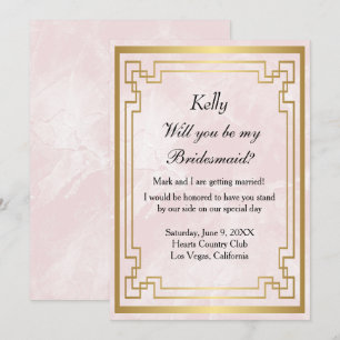 Gold Geometric Frame Pink Marble  Bridesmaid Invitation