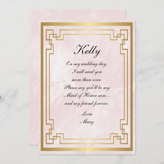 Gold Geometric Frame Pink Marble Maid Of Honour Invitation (Front/Back)