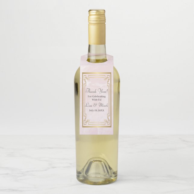 Gold Geometric Frame Pink Marble Wedding Bottle Tag (On Bottle)