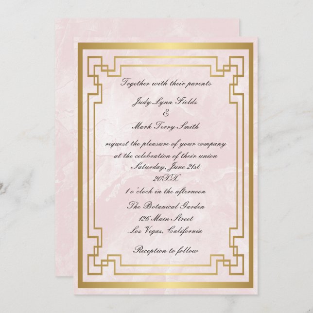 Gold Geometric Frame Pink Marble Wedding Invitation (Front/Back)