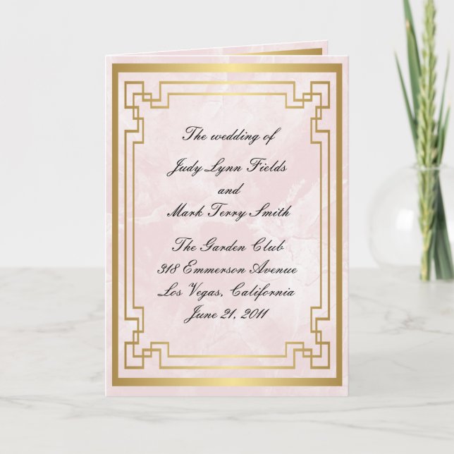 Gold Geometric Frame Pink Marble Wedding Program Card (Front)