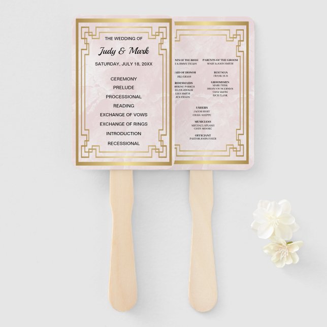 Gold Geometric Frame Pink Marble Wedding Program Hand Fan (Front and Back)