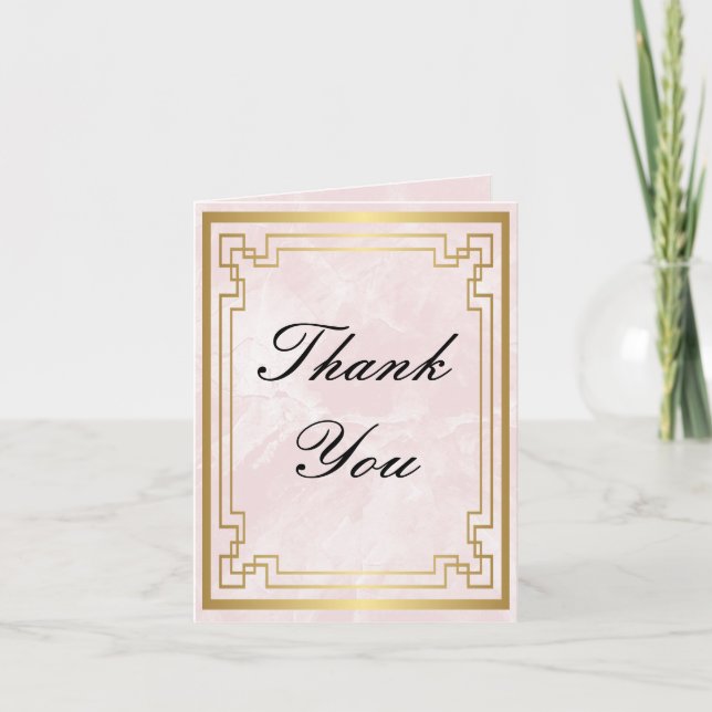 Gold Geometric Frame Pink Marble Wedding Thank You (Front)