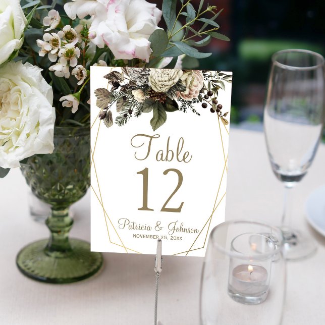 Gold geometric frame winter floral wedding chic table number (Creator Uploaded)