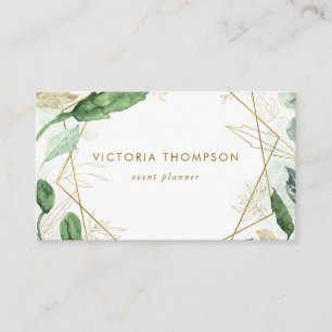 Gold Geometric Frames with Watercolor Greenery Business Card