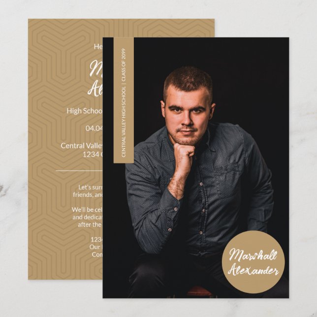 Gold Geometric Graduation Photo Invitation (Front/Back)