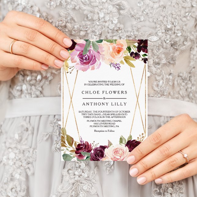 Gold Geometric Green Blush Burgundy Floral wedding Invitation (Creator Uploaded)