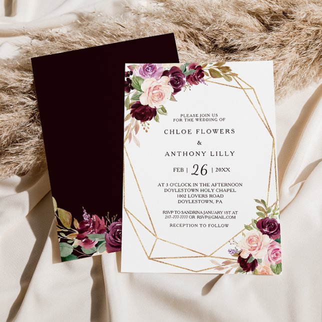 Gold Geometric Green Blush Burgundy Floral Wedding Invitation (Creator Uploaded)