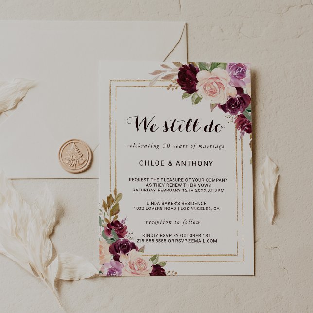 Gold Geometric Green Burgundy Floral Vow Renewal Invitation (Creator Uploaded)