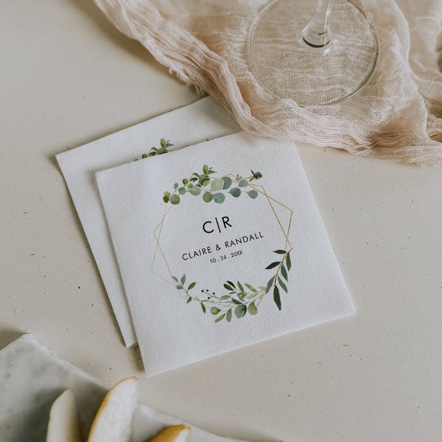 Gold Geometric Green Eucalyptus Wedding Napkins (Creator Uploaded)