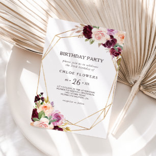 Gold Geometric Green Floral 50th Birthday Party Invitation