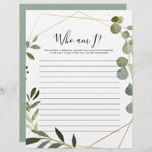 Gold Geometric Green Who Am I Bridal Shower Game