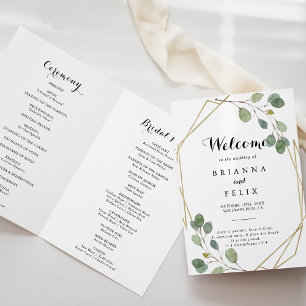 Gold Geometric Greenery Eucalyptus Folded Wedding Programme