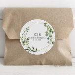 Gold Geometric Greenery Eucalyptus  Wedding  Classic Round Sticker<br><div class="desc">This gold geometric greenery eucalyptus wedding classic round sticker is perfect for a simple wedding reception. The design features a beautiful gold geometric frame adorning elegant watercolor green eucalyptus leaves.</div>