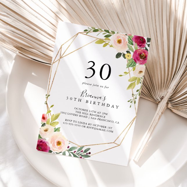 Gold Geometric Greenery Floral 30th Birthday Party Invitation (Creator Uploaded)