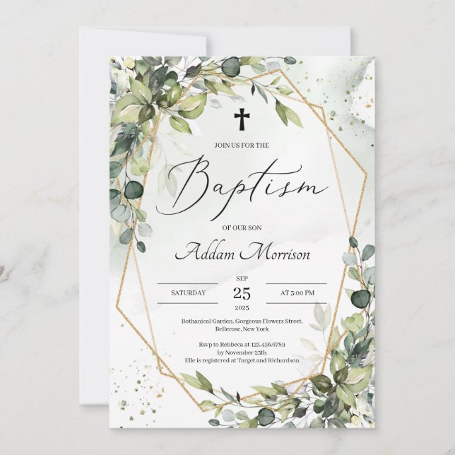 Gold geometric greenery foliage leaves baptism invitation (Front)